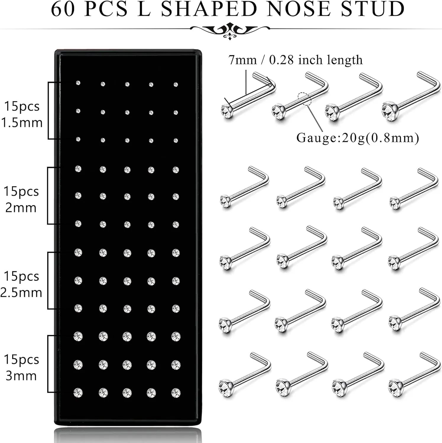 Helicopchain 60-240Pcs Hypoallergenic Nose Studs for Women Men 316L Stainless Steel CZ Nose Piercing Jewelry L Shaped Nose Rings Bone Studs Screw Piercing 20G-22G 1.5mm 2mm 2.5mm 3mm