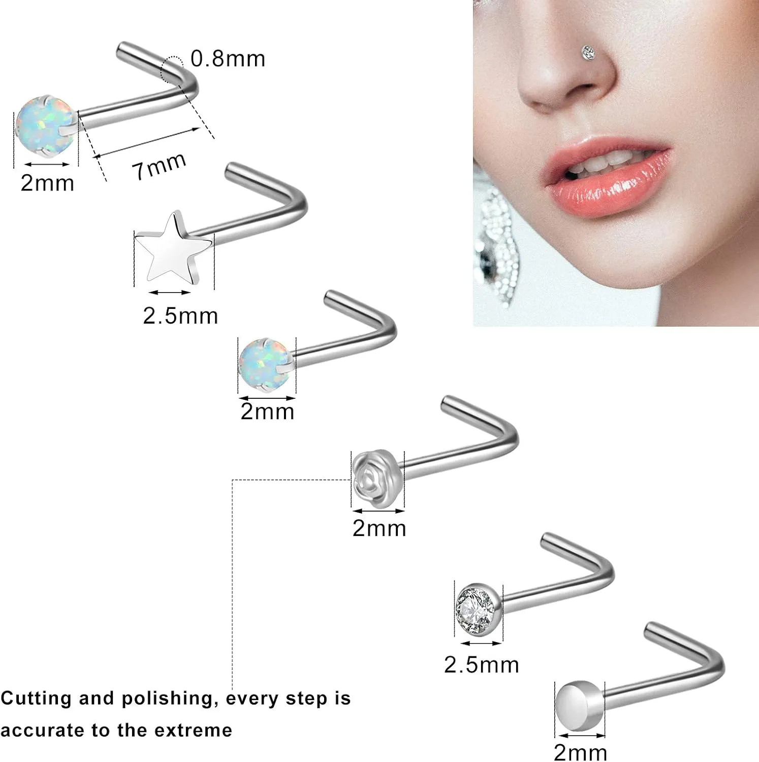 Hicdaw 60 Pcs Nose Rings for Women Nose Rings Hoops 20G Nose Piercings Jewelry for Women Men Screw Hypoallergenic Surgical Steel Nose Ring Studs
