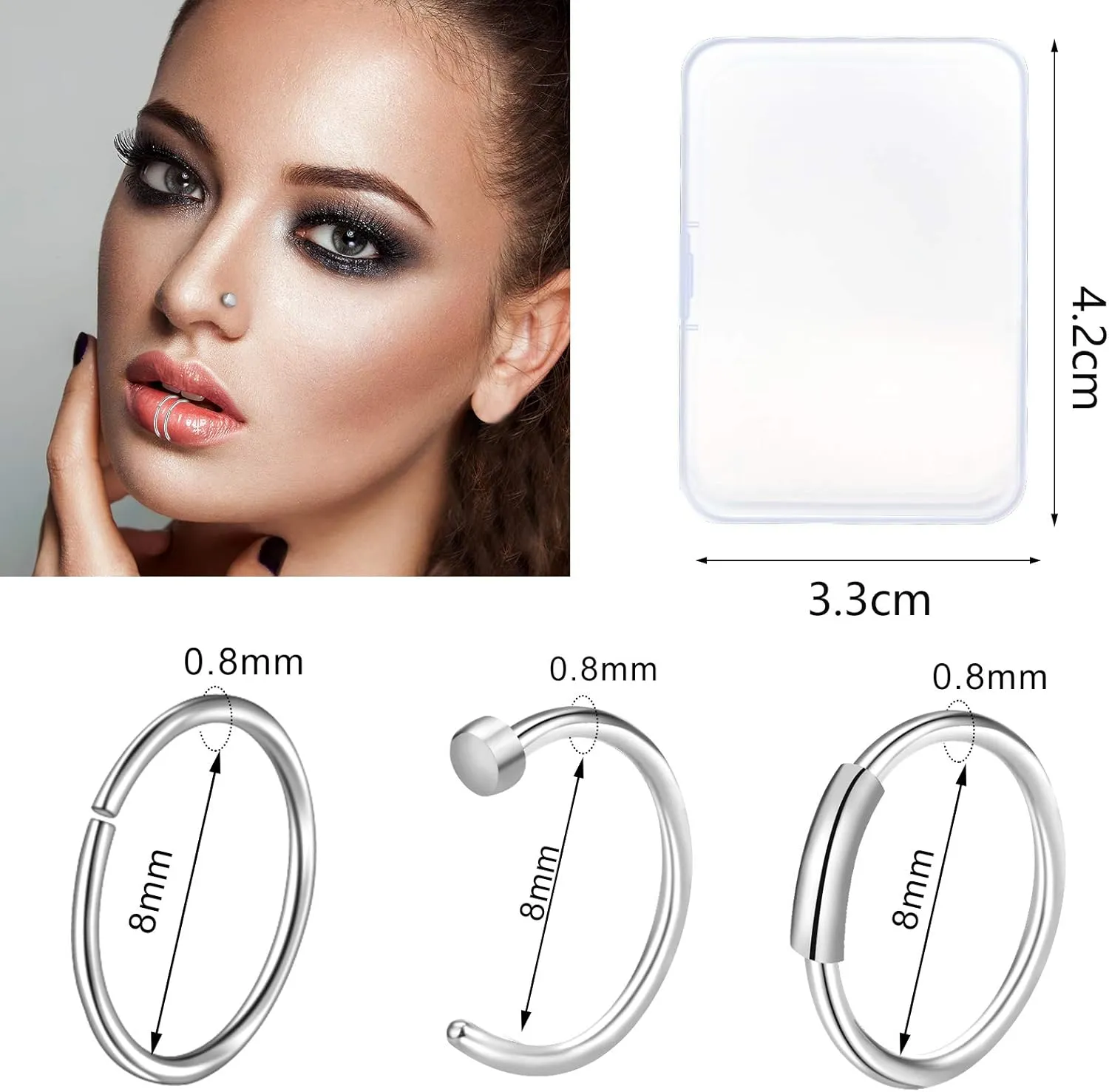 Hicdaw 60 Pcs Nose Rings for Women Nose Rings Hoops 20G Nose Piercings Jewelry for Women Men Screw Hypoallergenic Surgical Steel Nose Ring Studs