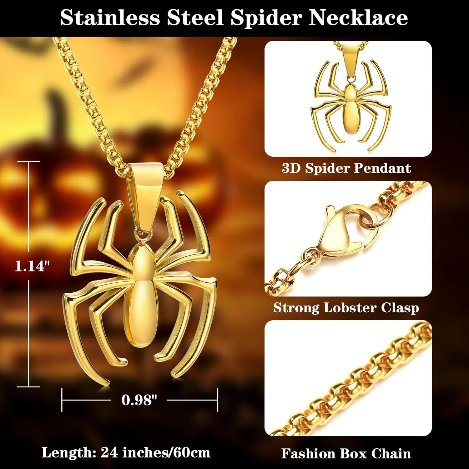 Hisatan Spiderman Gift Necklace Spider Pendant Necklace for Men, Silver/Gold/Black Stainless Steel Spider Chain Spider Man Christmas Gifts Jewelry for Spider-man Fans Men Women