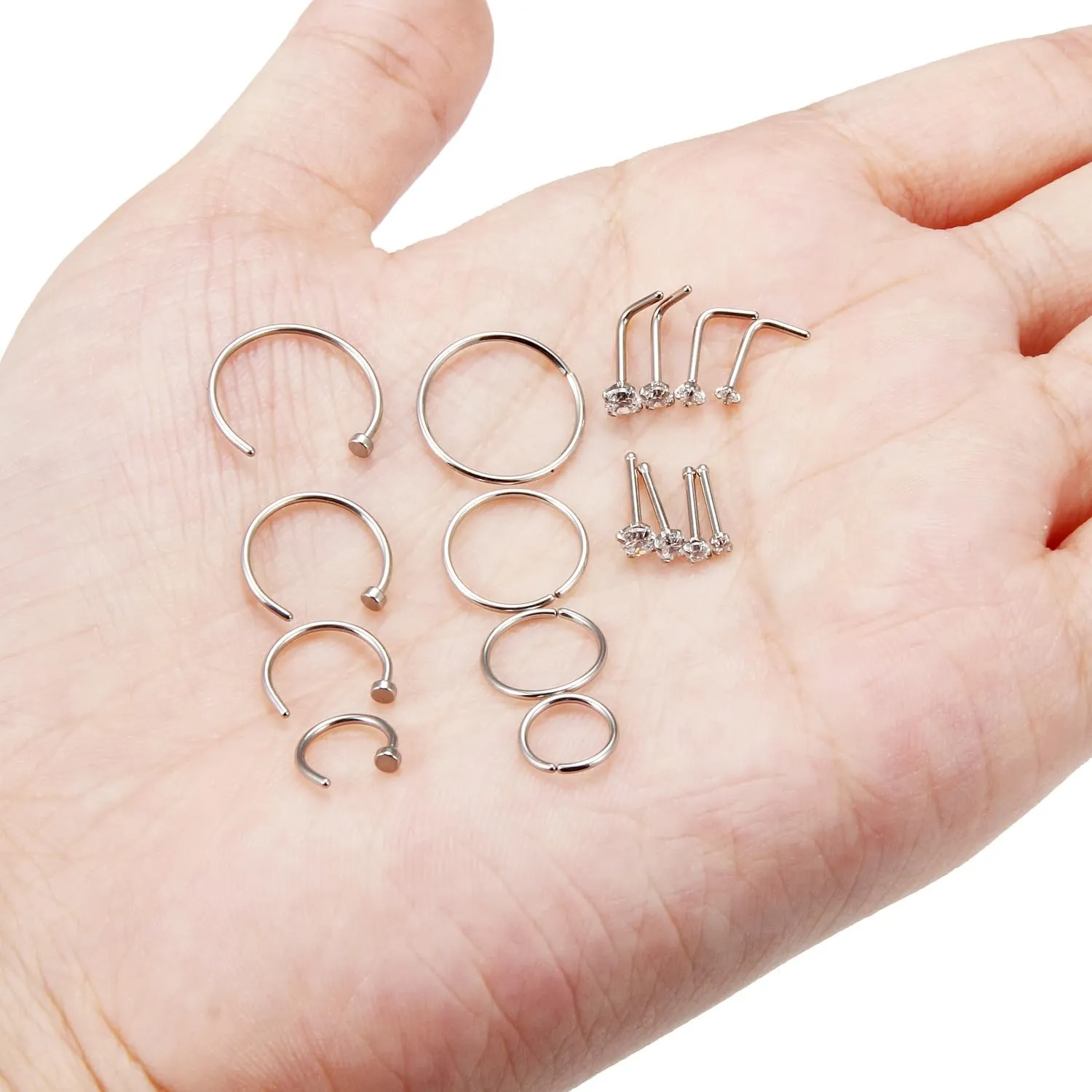 Hoeudjo Nose Rings Surgical Steel Nose Studs Piercing Kit for Women Cubic Zirconia Size 1.5/2/2.5/3mm Bone & L Shaped Nostril Rings Jewelry 18g 20g 22g Inner DIA.6/8/10/12mm