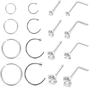 Hoeudjo Nose Rings Surgical Steel Nose Studs Piercing Kit for Women Cubic Zirconia Size 1.5/2/2.5/3mm Bone & L Shaped Nostril Rings Jewelry 18g 20g 22g Inner DIA.6/8/10/12mm