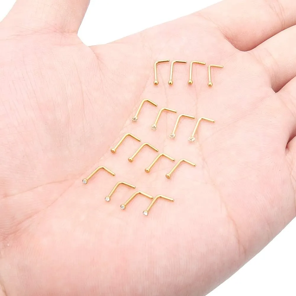 Hoeudjo Nose Studs Surgical Steel Cubic Zirconia Nose Rings Kit for Women Men 2mm Nose Stud Screw & Bone & L Shaped Nostril Rings Piercing Jewelry 22 Gauge 16 Pieces