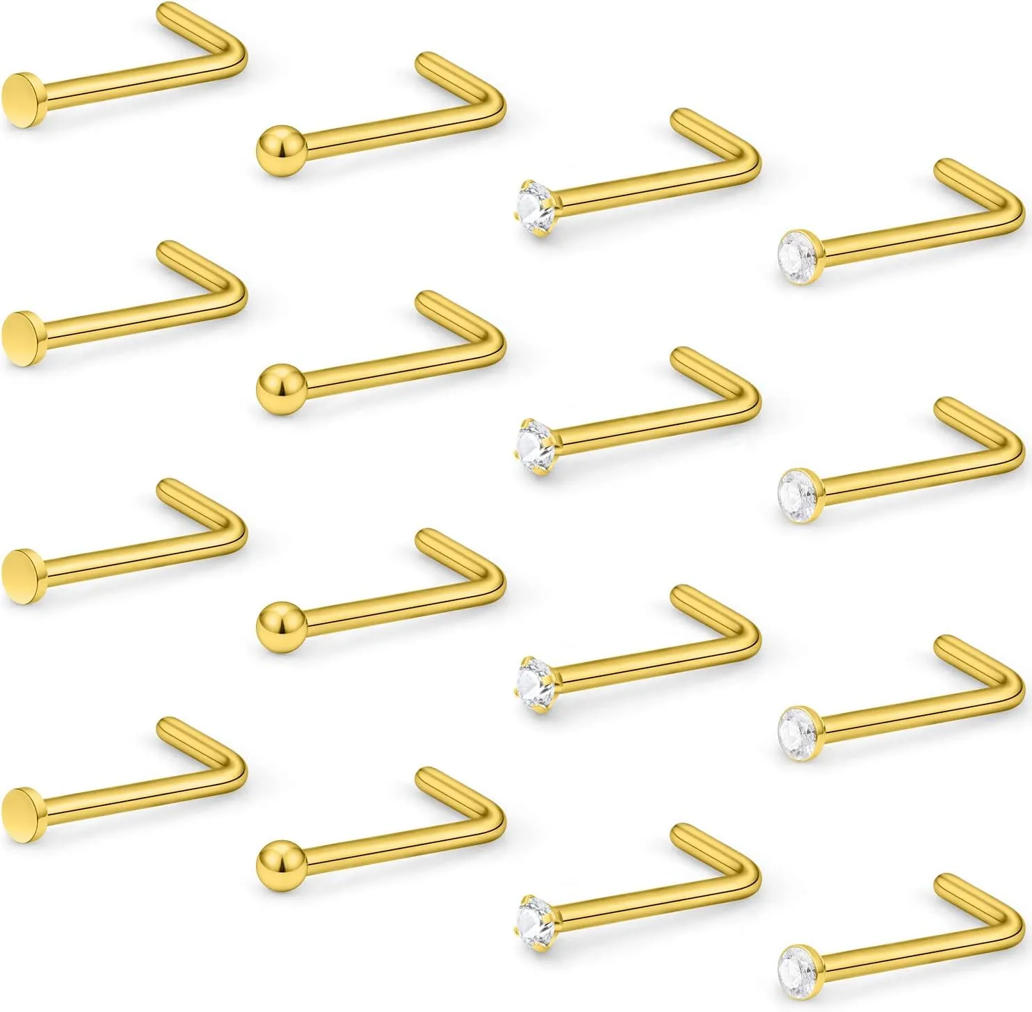 Hoeudjo Nose Studs Surgical Steel Cubic Zirconia Nose Rings Kit for Women Men 2mm Nose Stud Screw & Bone & L Shaped Nostril Rings Piercing Jewelry 22 Gauge 16 Pieces