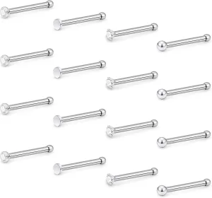 Hoeudjo Nose Studs Surgical Steel Cubic Zirconia Nose Rings Kit for Women Men Screw & Bone & L Shaped Nostril Rings Piercing Jewelry 20 Gauge 16 Pieces