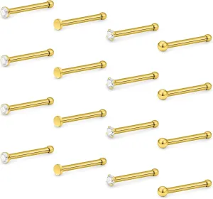 Hoeudjo Nose Studs Surgical Steel Cubic Zirconia Nose Rings Kit for Women Men Screw & Bone & L Shaped Nostril Rings Piercing Jewelry 20 Gauge 16 Pieces