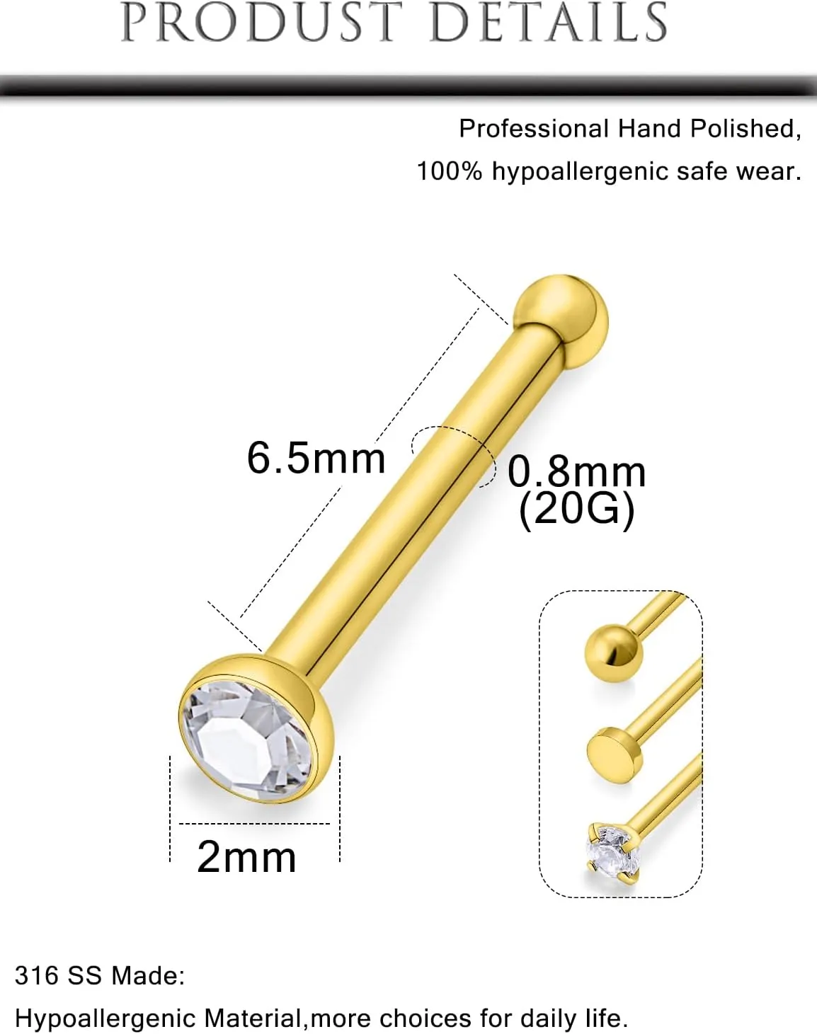Hoeudjo Nose Studs Surgical Steel Cubic Zirconia Nose Rings Kit for Women Men Screw & Bone & L Shaped Nostril Rings Piercing Jewelry 20 Gauge 16 Pieces