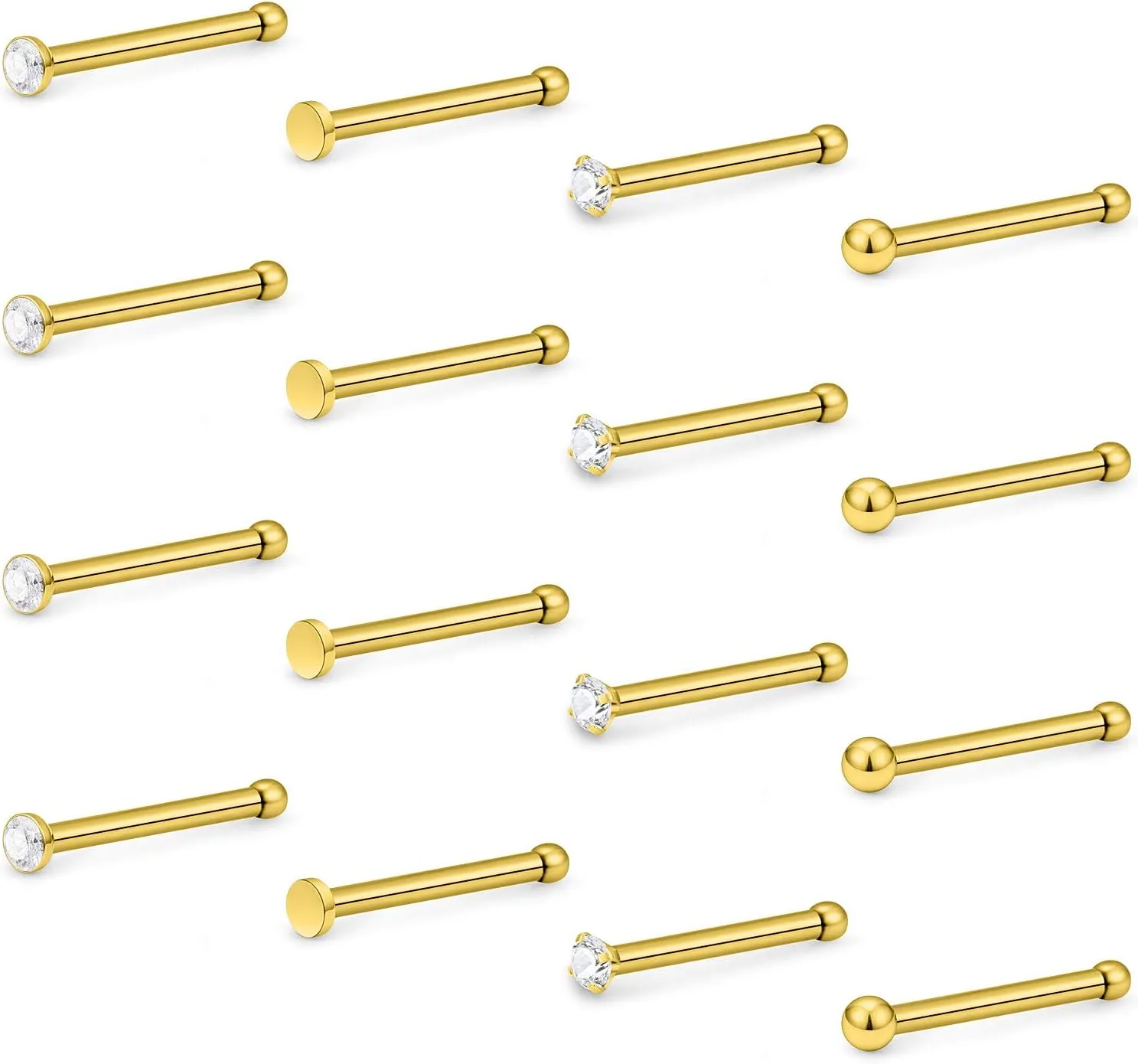 Hoeudjo Nose Studs Surgical Steel Cubic Zirconia Nose Rings Kit for Women Men Screw & Bone & L Shaped Nostril Rings Piercing Jewelry 20 Gauge 16 Pieces