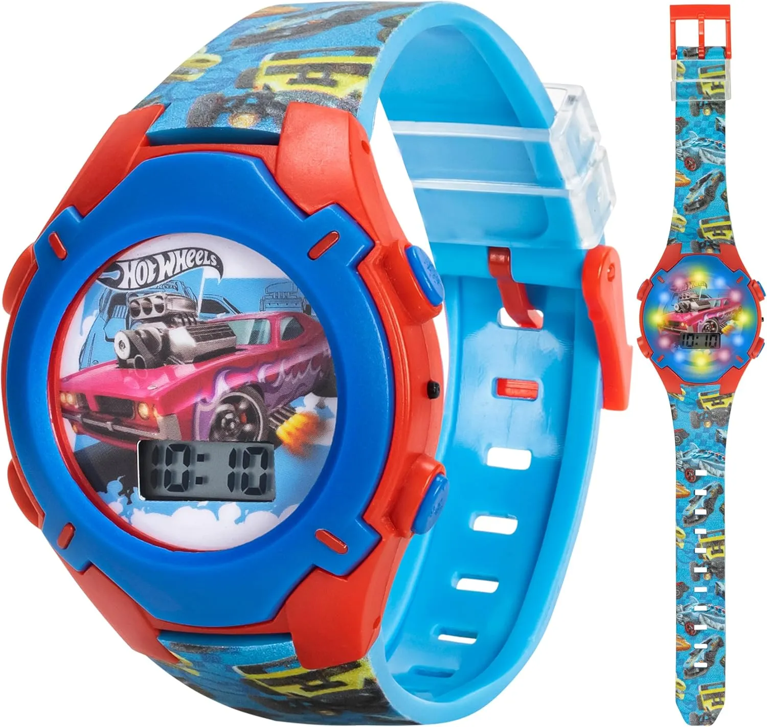 Hot Wheels Kids Watch  Rotating Dial Lights, LCD Display, Adjustable Comfortable Strap, Collectible Tin  Perfect for Boys and Girls