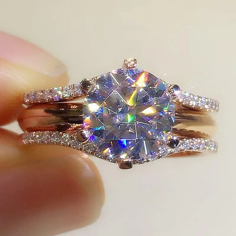 hsiyyecg Brilliant Round Cut Solitaire Lab Created Diamond CZ Ring for Women,Pave Halo Bridal Engagement Wedding Ring Band Set 18k Rose Gold Plated7