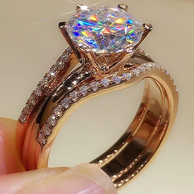 hsiyyecg Brilliant Round Cut Solitaire Lab Created Diamond CZ Ring for Women,Pave Halo Bridal Engagement Wedding Ring Band Set 18k Rose Gold Plated7