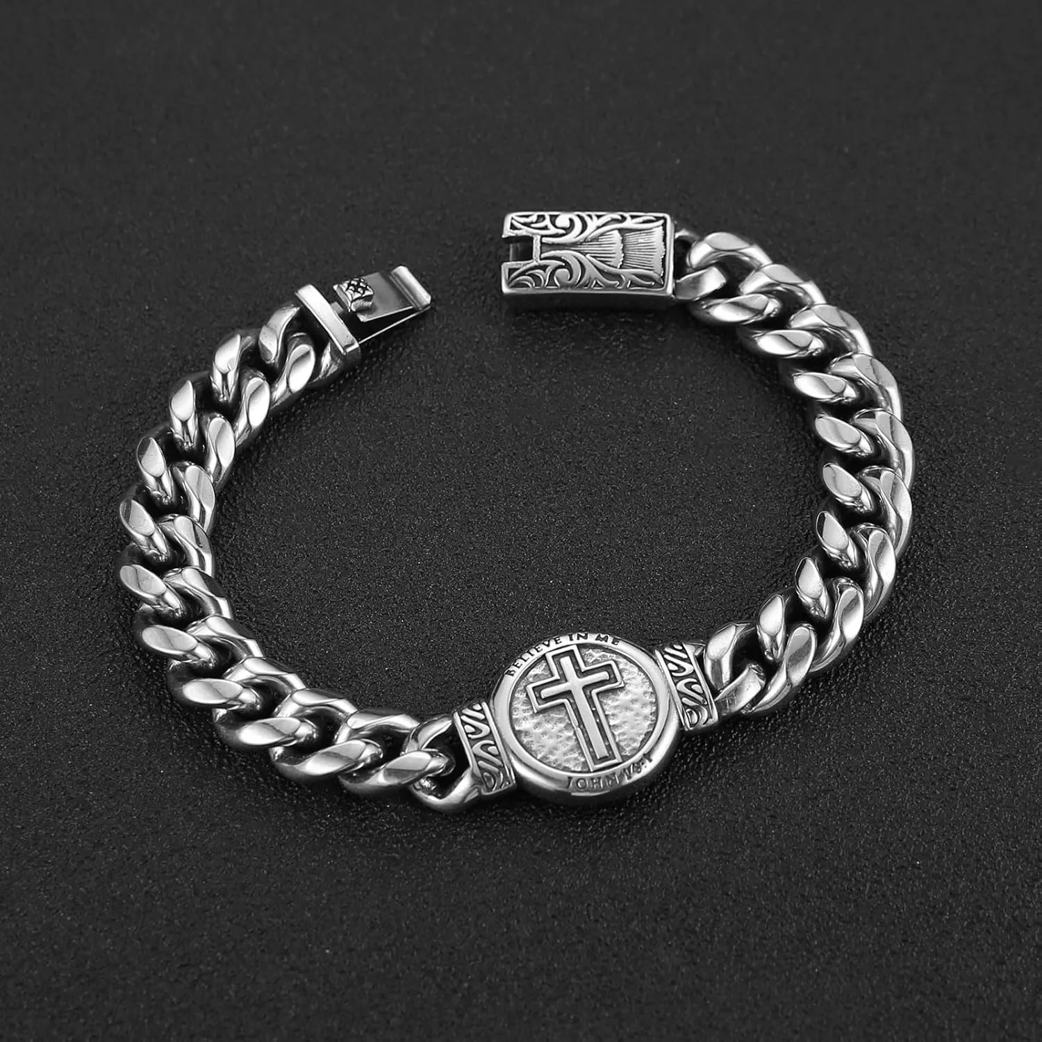 HZMAN 8.5Inch Cuban Link Bracelet for Men Silver Stainless Steel Heavy Biker Link Bracelet