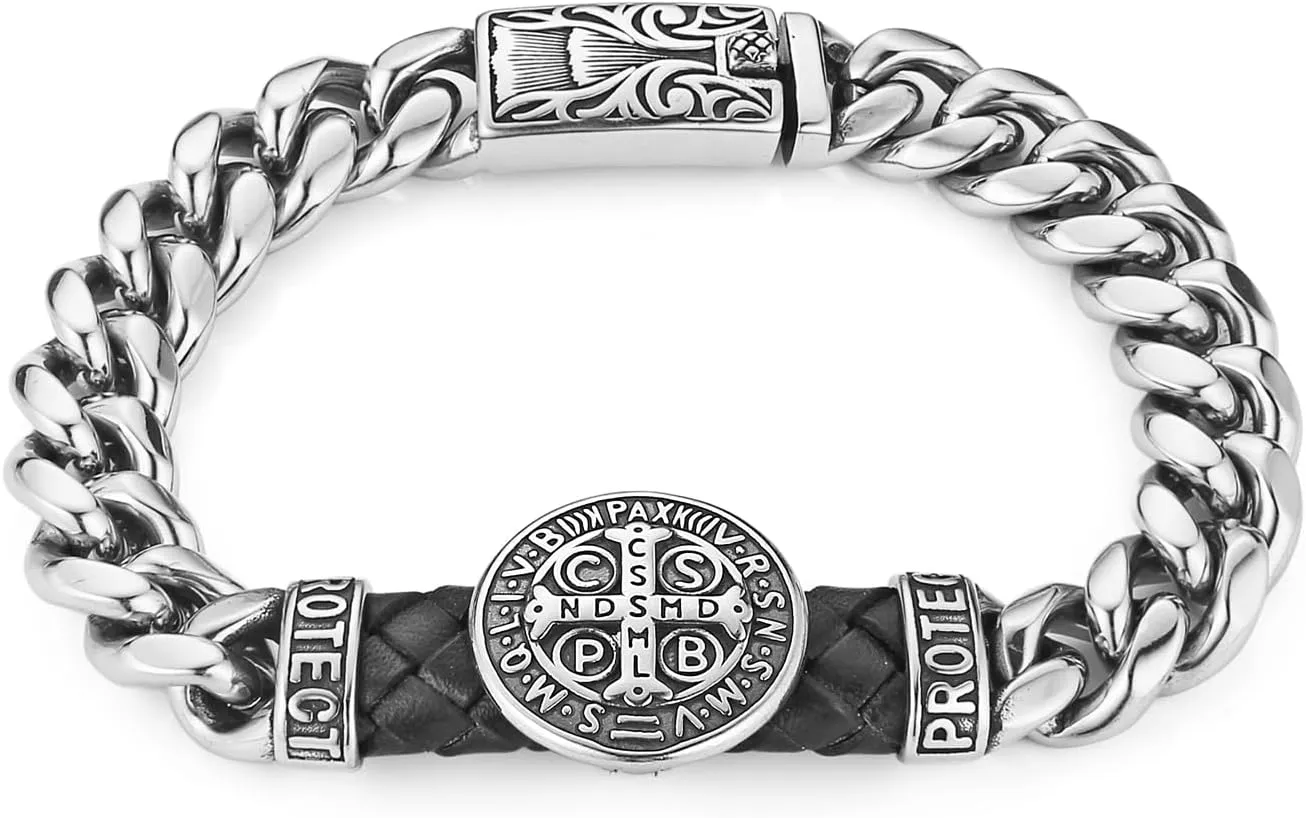 HZMAN 8.5Inch Cuban Link Bracelet for Men Silver Stainless Steel Heavy Biker Link Bracelet