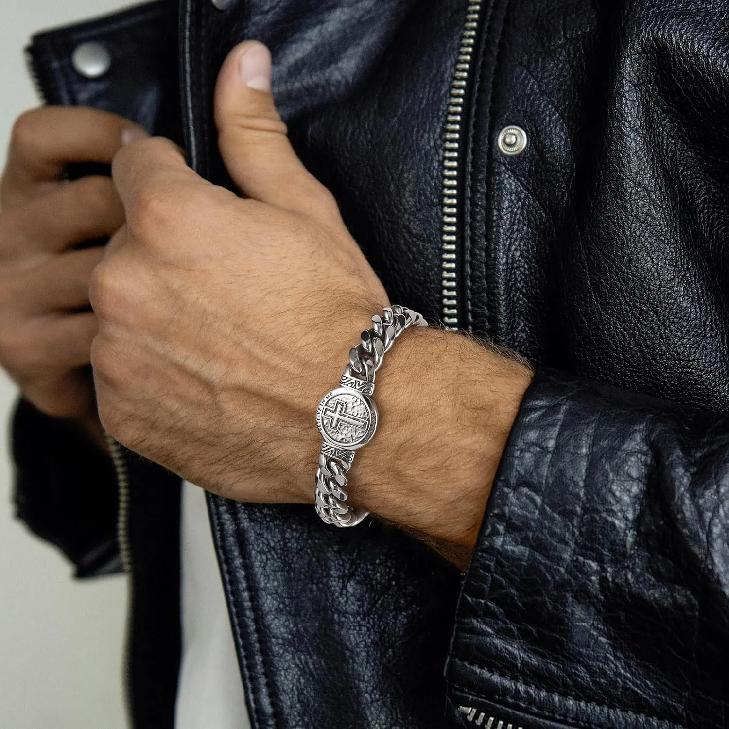 HZMAN 8.5Inch Cuban Link Bracelet for Men Silver Stainless Steel Heavy Biker Link Bracelet
