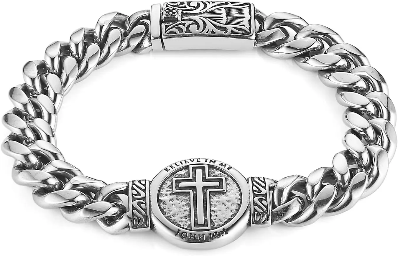 HZMAN 8.5Inch Cuban Link Bracelet for Men Silver Stainless Steel Heavy Biker Link Bracelet