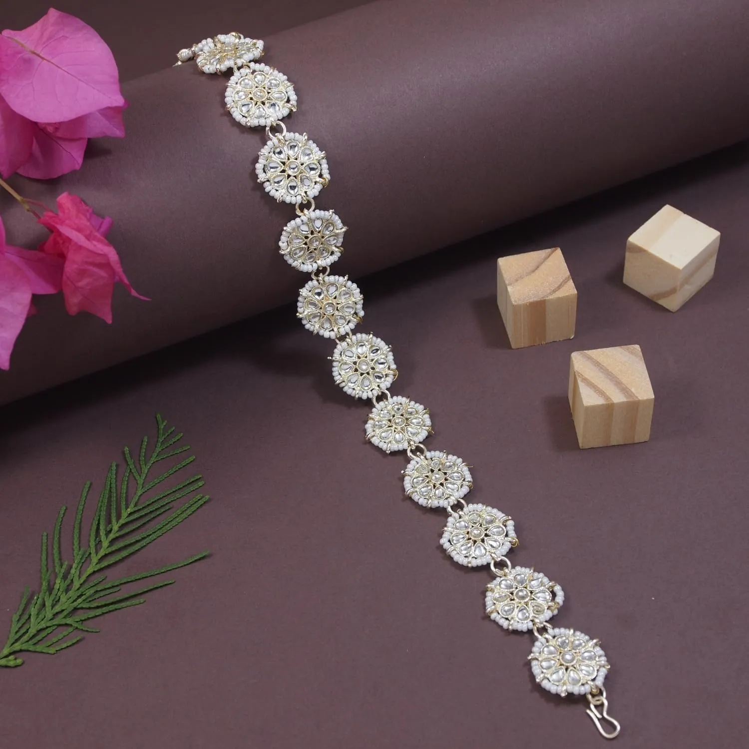 I Jewels Gold Plated Indian Wedding Bollywood Floral Kundan Pearl Studded Rajasthani Sheeshphool/Mathapatti for Women (T206-7)