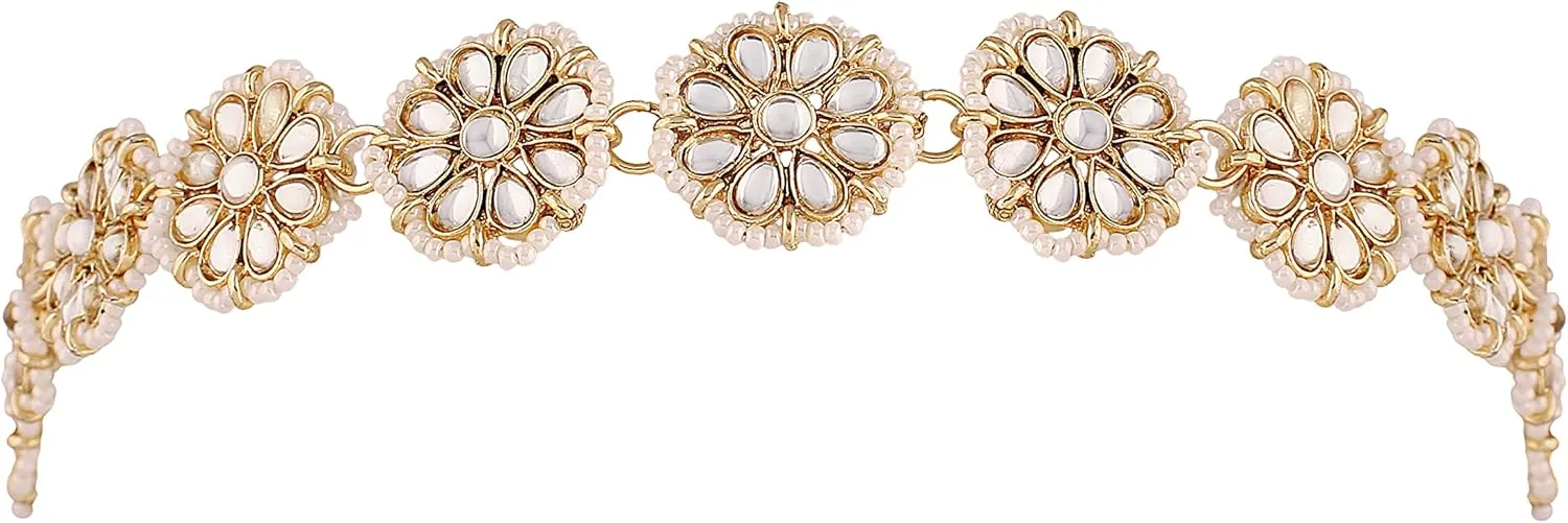 I Jewels Gold Plated Indian Wedding Bollywood Floral Kundan Pearl Studded Rajasthani Sheeshphool/Mathapatti for Women (T206-7)
