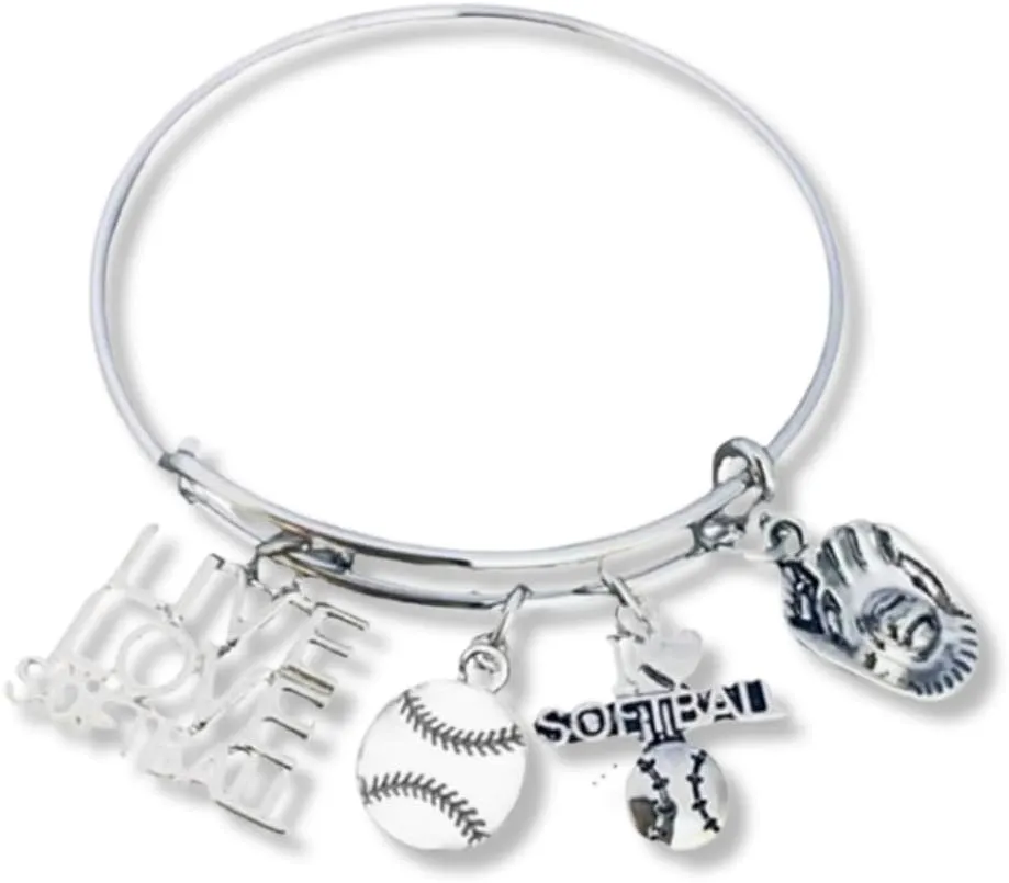 Infinity Collection Girls Softball Gift - Live Love Softball Bangle Bracelet with Bat & Glove Charms, Jewelry & Accessories for Players, Moms & Teams