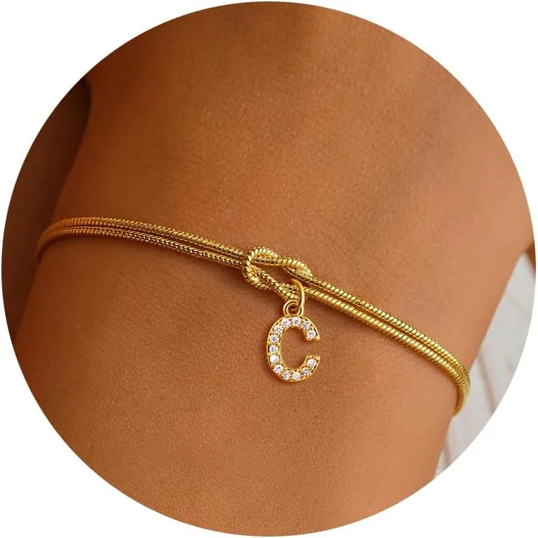 Initial Bracelet for Women Teen Girls, 18K Gold Plated Knot Letter A-Z Initial Bracelet Dainty Gold Bracelet for Women Teen Girl Gifts Trendy Stuff Gold Jewelry Bridesmaid Bride Gifts