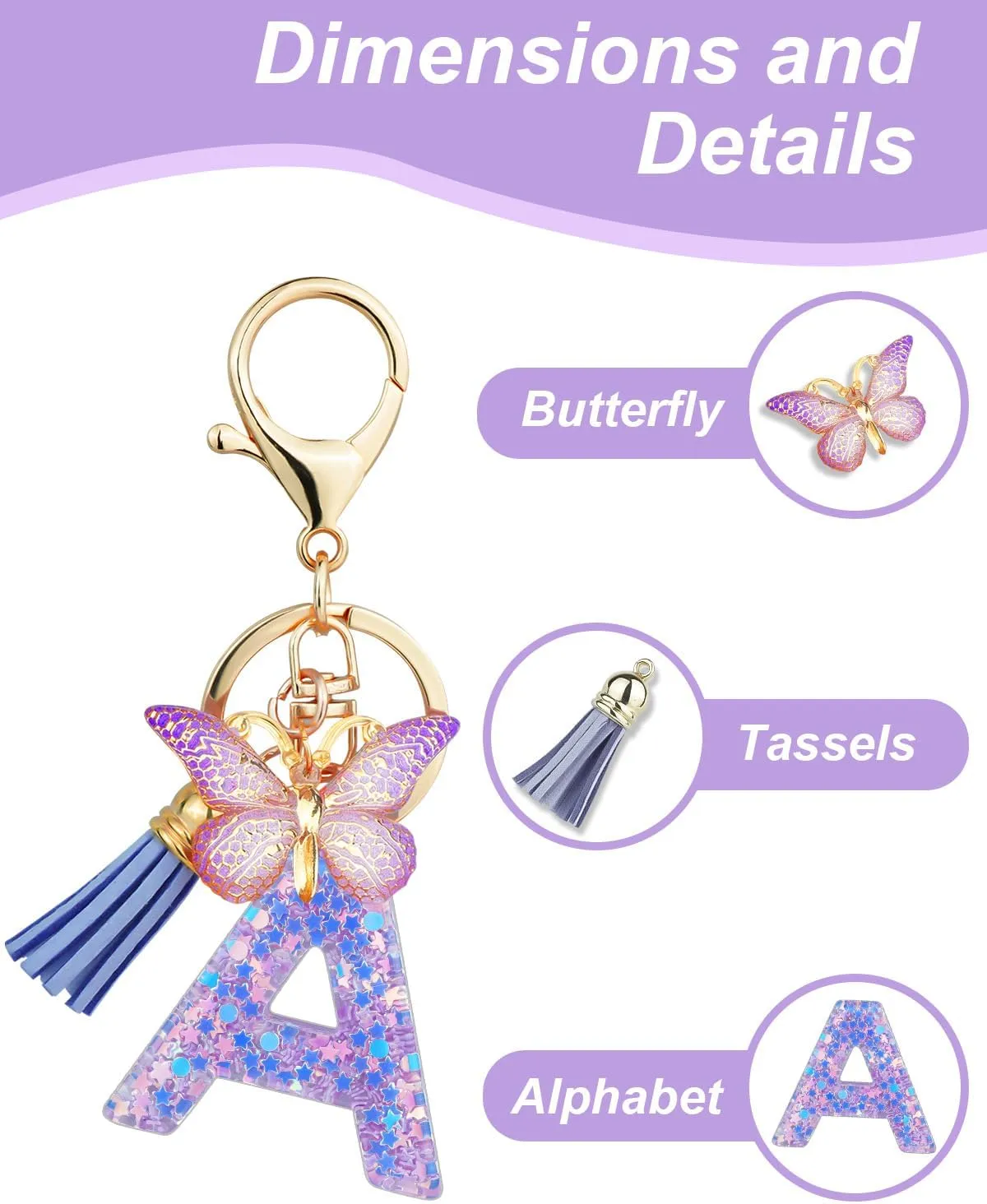 Initial Letter Keychain for Women Tassel Butterfly Pendant Key Ring Cute Car Keychain for Wallet Backpack Bag Charm