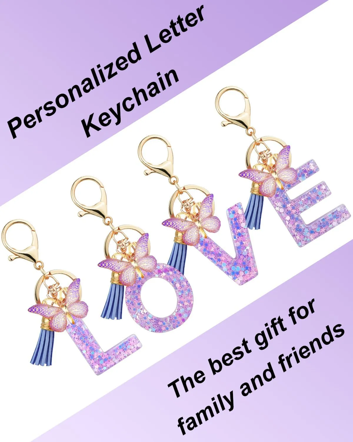 Initial Letter Keychain for Women Tassel Butterfly Pendant Key Ring Cute Car Keychain for Wallet Backpack Bag Charm