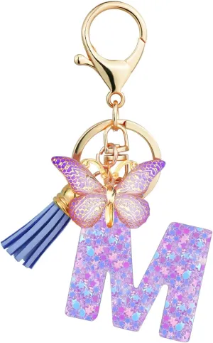 Initial Letter Keychain for Women Tassel Butterfly Pendant Key Ring Cute Car Keychain for Wallet Backpack Bag Charm