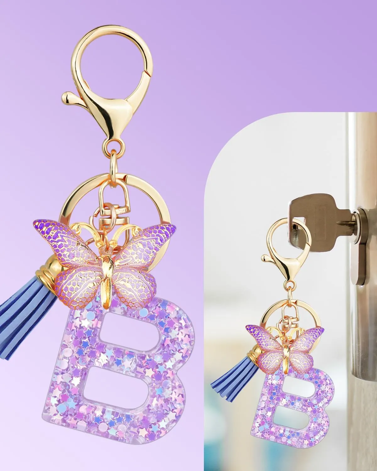 Initial Letter Keychain for Women Tassel Butterfly Pendant Key Ring Cute Car Keychain for Wallet Backpack Bag Charm