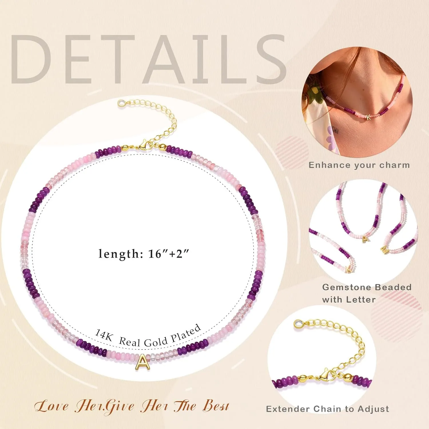 Initial Necklace for Women,Colorful Beaded Gemstone Choker Natural Stone Letter Charm Necklace for Women Trendy,Boho Beach Necklace Handmade Amethyst Rainbow Necklace Best Christmas Birthday Gifts
