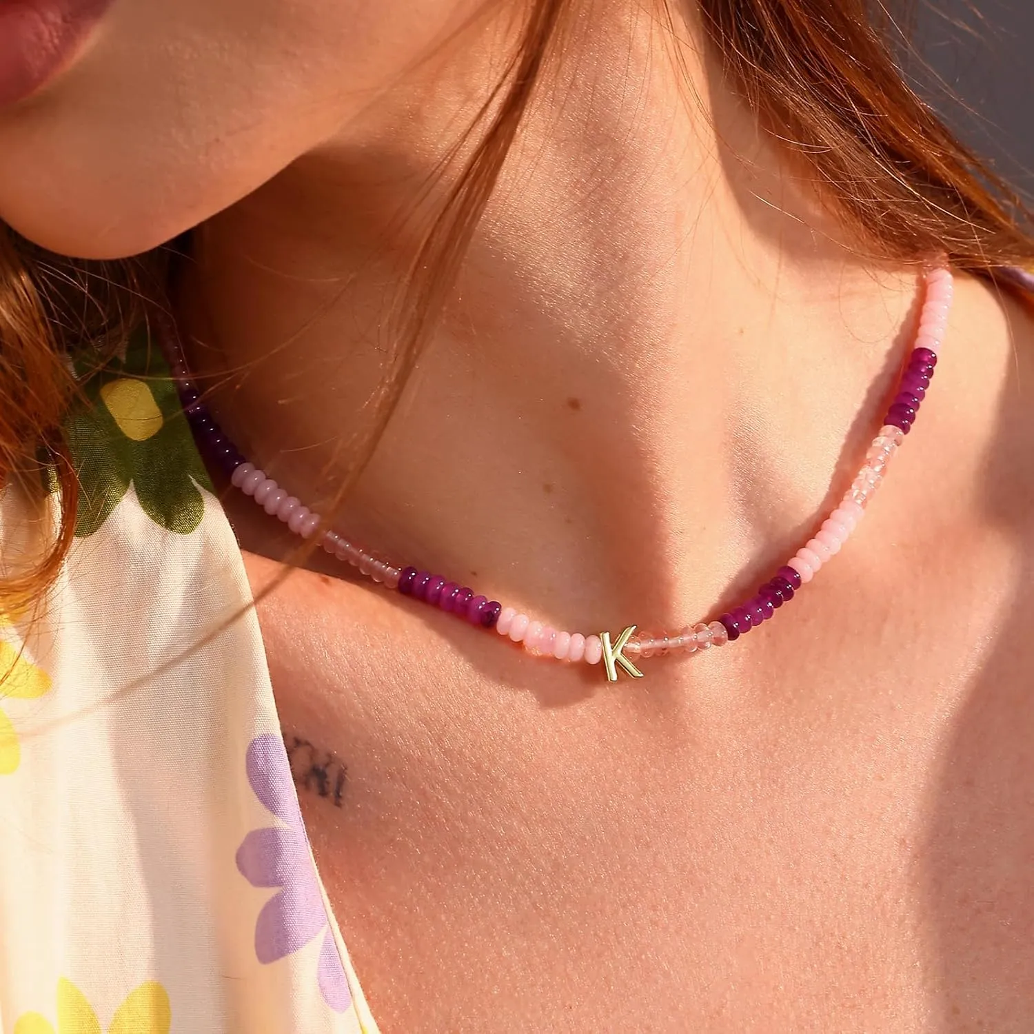 Initial Necklace for Women,Colorful Beaded Gemstone Choker Natural Stone Letter Charm Necklace for Women Trendy,Boho Beach Necklace Handmade Amethyst Rainbow Necklace Best Christmas Birthday Gifts
