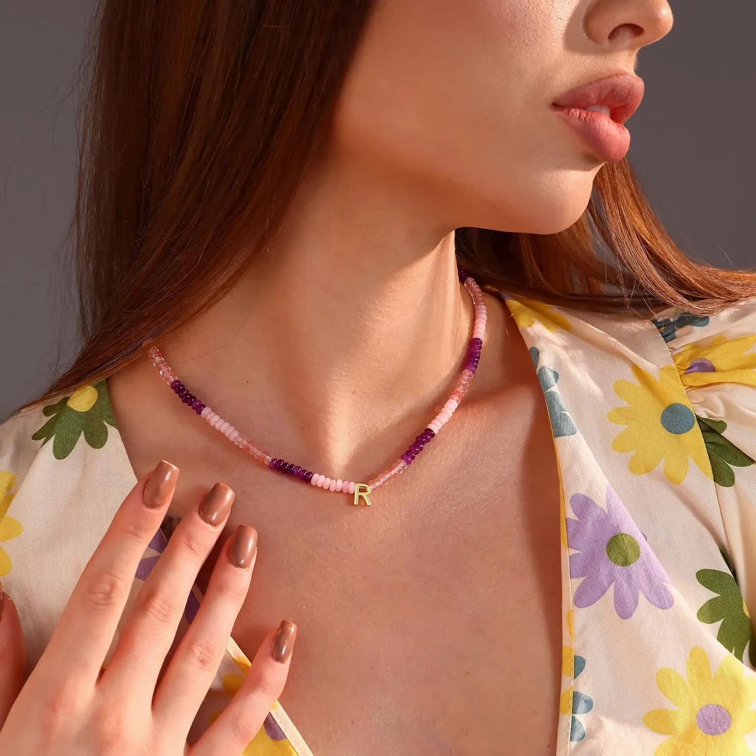 Initial Necklace for Women,Colorful Beaded Gemstone Choker Natural Stone Letter Charm Necklace for Women Trendy,Boho Beach Necklace Handmade Amethyst Rainbow Necklace Best Christmas Birthday Gifts