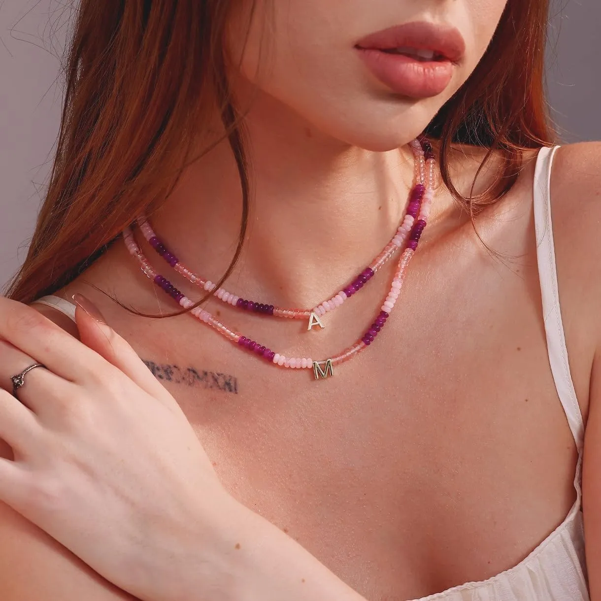 Initial Necklace for Women,Colorful Beaded Gemstone Choker Natural Stone Letter Charm Necklace for Women Trendy,Boho Beach Necklace Handmade Amethyst Rainbow Necklace Best Christmas Birthday Gifts