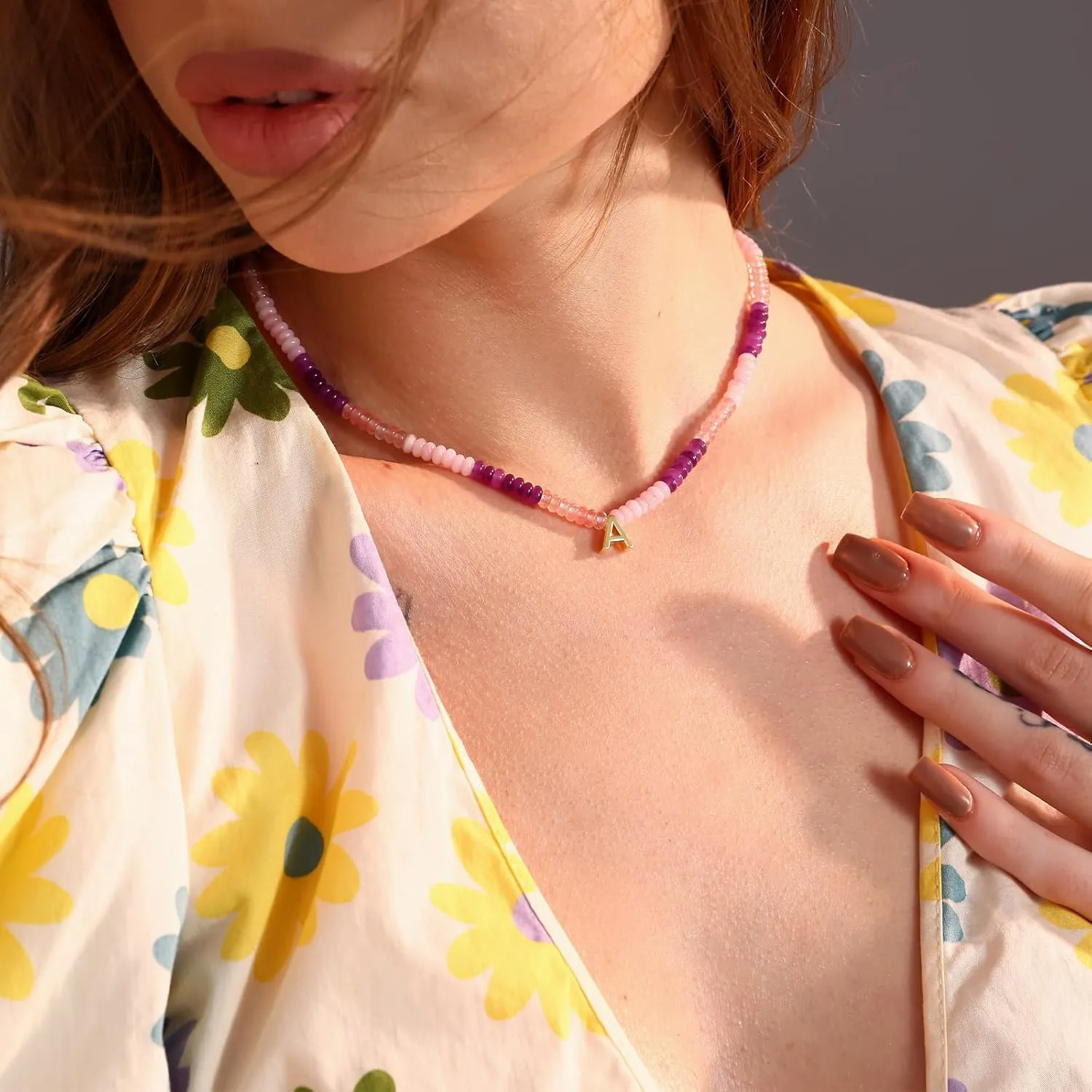 Initial Necklace for Women,Colorful Beaded Gemstone Choker Natural Stone Letter Charm Necklace for Women Trendy,Boho Beach Necklace Handmade Amethyst Rainbow Necklace Best Christmas Birthday Gifts