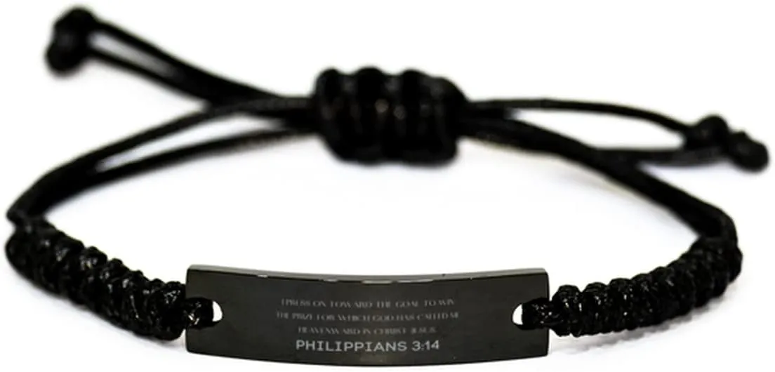 Inspirational Philippians 3:14 Christian Black Rop Bracelet Encouragement Gifts Message Prayer Philippians 3:14 Religious Bracelets for Women Men Philippians 3:14 Bible Verse Faith Adjustable Engraved