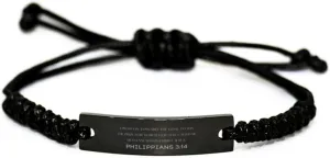 Inspirational Philippians 3:14 Christian Black Rop Bracelet Encouragement Gifts Message Prayer Philippians 3:14 Religious Bracelets for Women Men Philippians 3:14 Bible Verse Faith Adjustable Engraved
