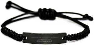 Inspirational Proverbs 16:3 Christian Black Rop Bracelet Encouragement Gifts Message Prayer Proverbs 16:3 Religious Bracelets for Women Men Proverbs 16:3 Bible Verse Faith Adjustable Engraved Bracelet