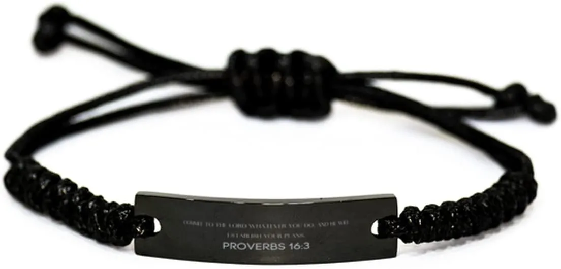 Inspirational Proverbs 16:3 Christian Black Rop Bracelet Encouragement Gifts Message Prayer Proverbs 16:3 Religious Bracelets for Women Men Proverbs 16:3 Bible Verse Faith Adjustable Engraved Bracelet