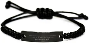 Inspirational Proverbs 9:10 Christian Black Rop Bracelet Encouragement Gifts Message Prayer Proverbs 9:10 Religious Bracelets for Women Men Proverbs 9:10 Bible Verse Faith Adjustable Engraved Bracelet