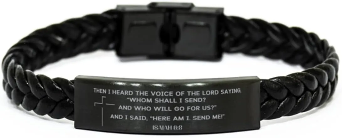 Isaiah 6:8, Then I Heard The Voice Of The Lord, Bible Verse Bracelets, Braided Leather Bracelet, Inspirational Jewelry, Christian Gift, Confirmation Sponsor Gifts, First Holy Communion Baptism Gifts,