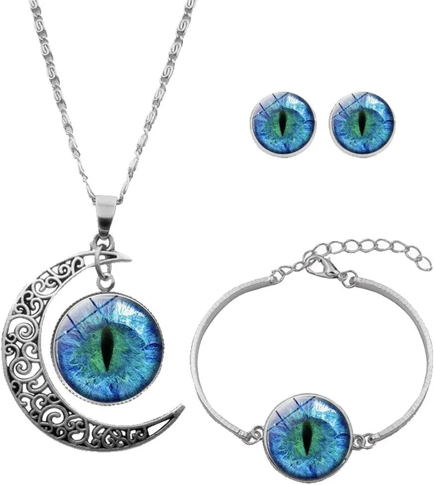 JczR.Y Classic Cat Eyes Crystal Jewelry Sets Dragon Eyes Moon Shape Necklace Bracelet Earrings for Women Fashion Jewelry