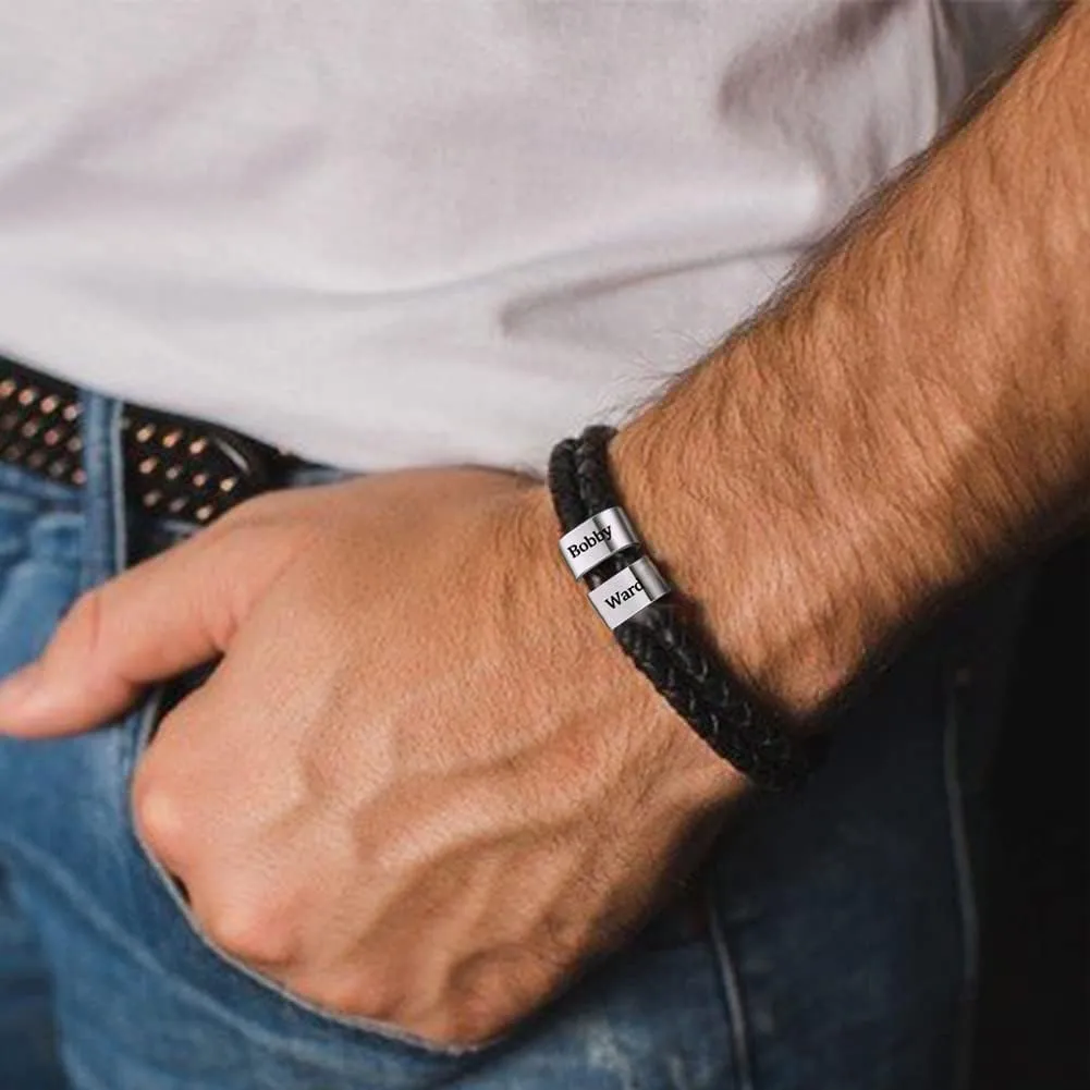 Jecivila Personalized Mens Leather Bracelet Engraved 1-8 Names Customized Braided Leather Bracelet with Silver Custom Beads for Men Fathers Husband Brothers