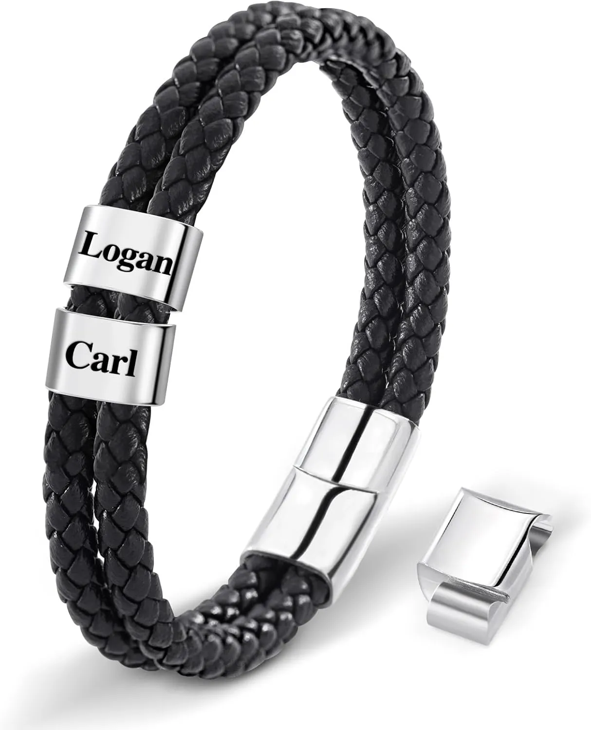Jecivila Personalized Mens Leather Bracelet Engraved 1-8 Names Customized Braided Leather Bracelet with Silver Custom Beads for Men Fathers Husband Brothers