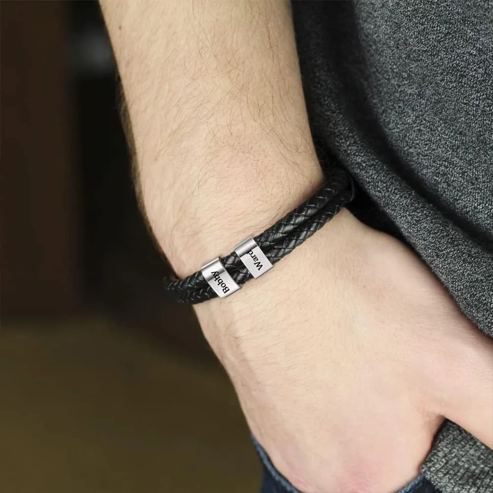 Jecivila Personalized Mens Leather Bracelet Engraved 1-8 Names Customized Braided Leather Bracelet with Silver Custom Beads for Men Fathers Husband Brothers