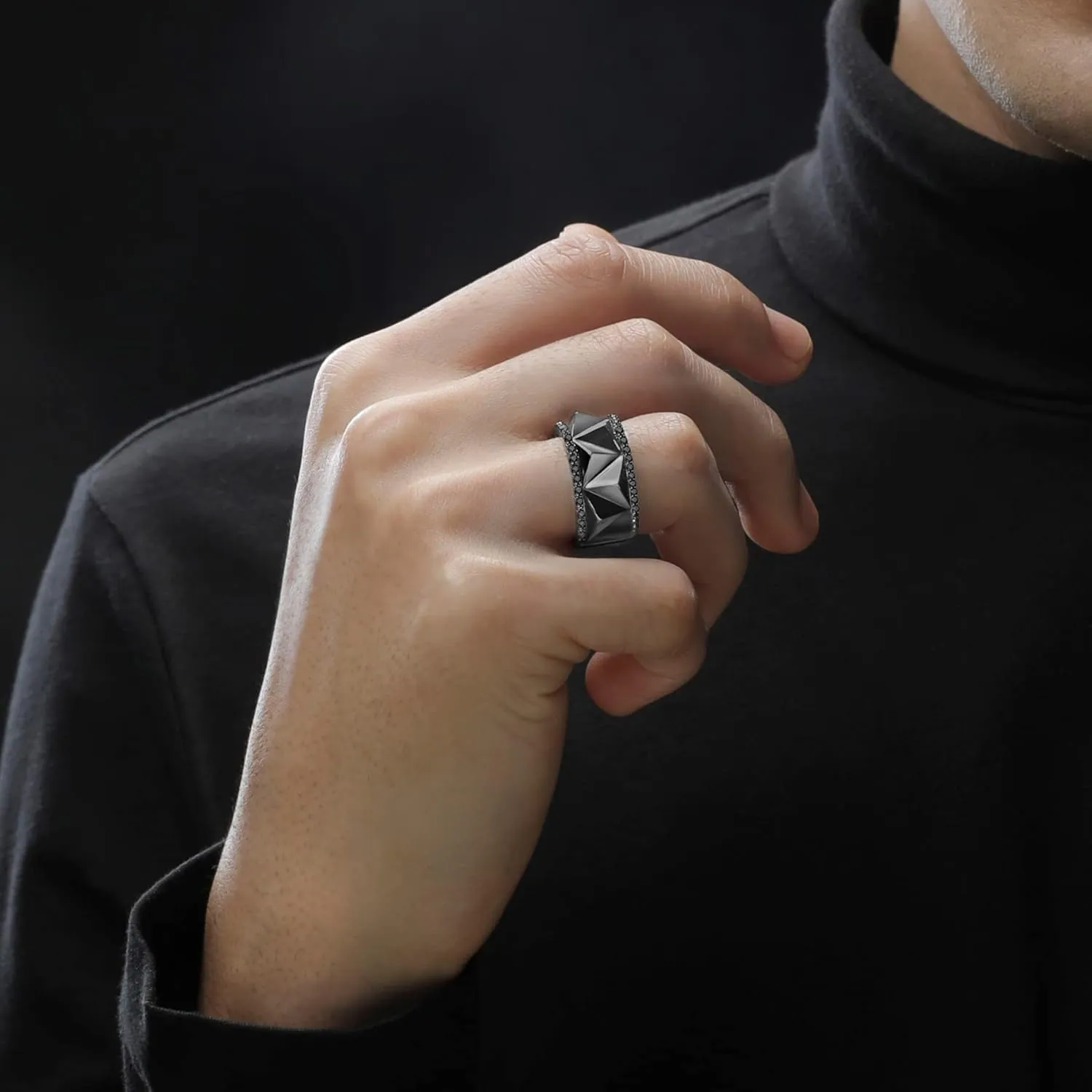 Jewelili Star Wars Fine Jewelry Dark Armor Men's Ring 1/2 Ct.Tw. Black Diamonds Silver with Black Rhodium