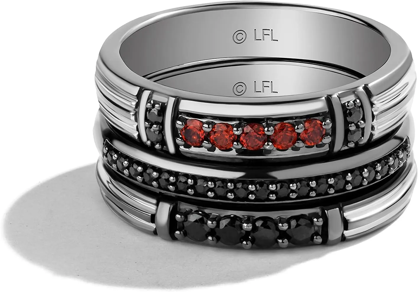 Jewelili Star Wars Fine Jewelry DARTH VADER Ring Stack in Black Rhodium over Sterling Silver with Black Diamonds and Garnet
