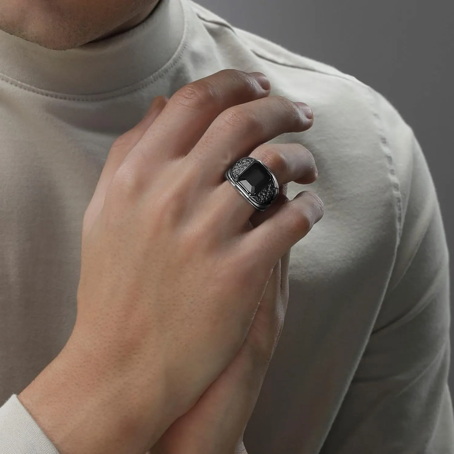 Jewelili Star Wars Fine Jewelry In Carbonite for Men | Silver & Black Rhodium Band | Black Onyx | Star Wars Gifts for Men | Jewelry with Gift Box