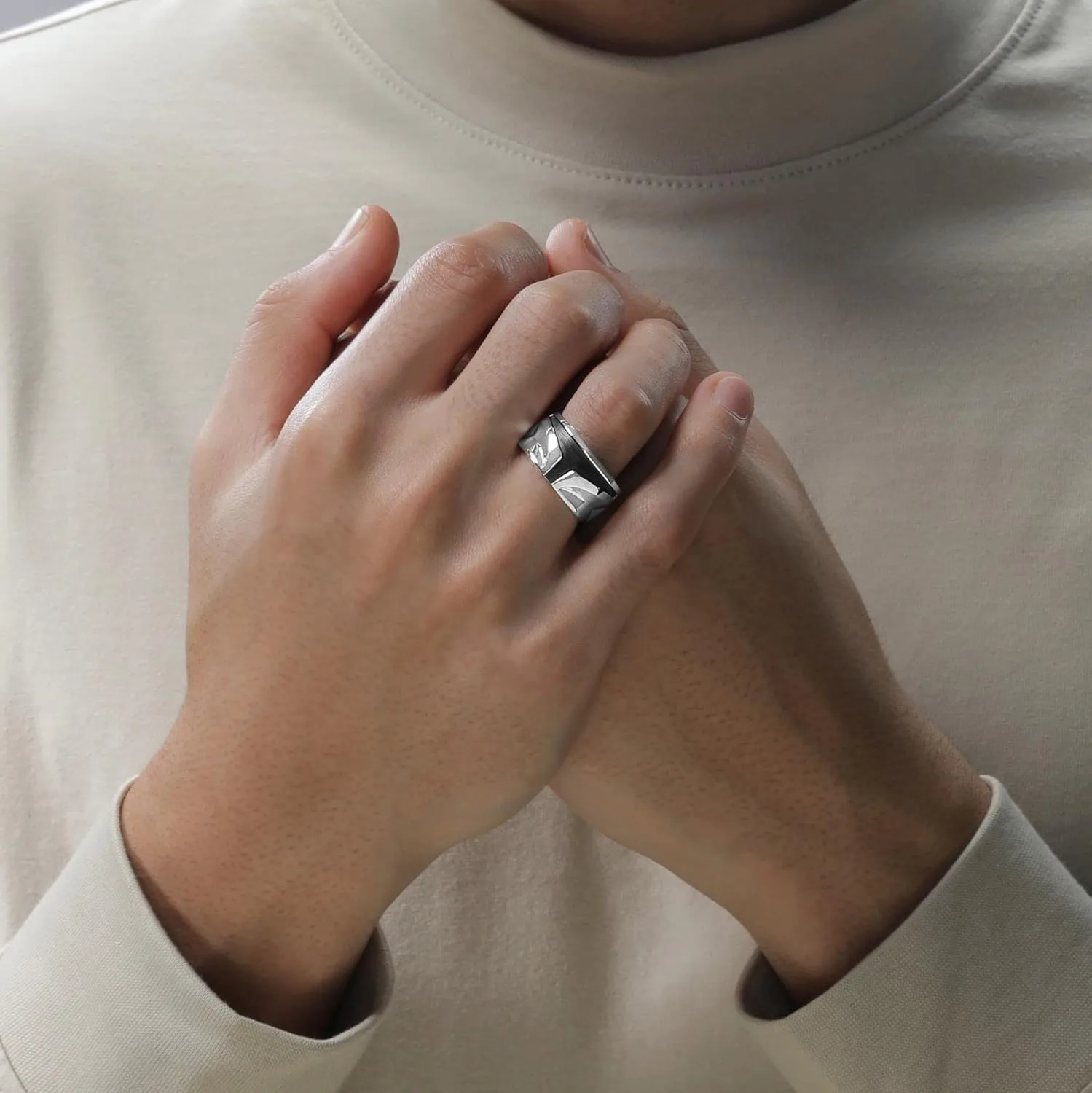 Jewelili Star Wars Fine Jewelry The Mandalorian Ring for Men | Silver & Black Rhodium Band | Star Wars Gifts for Men | Jewelry with Gift Box