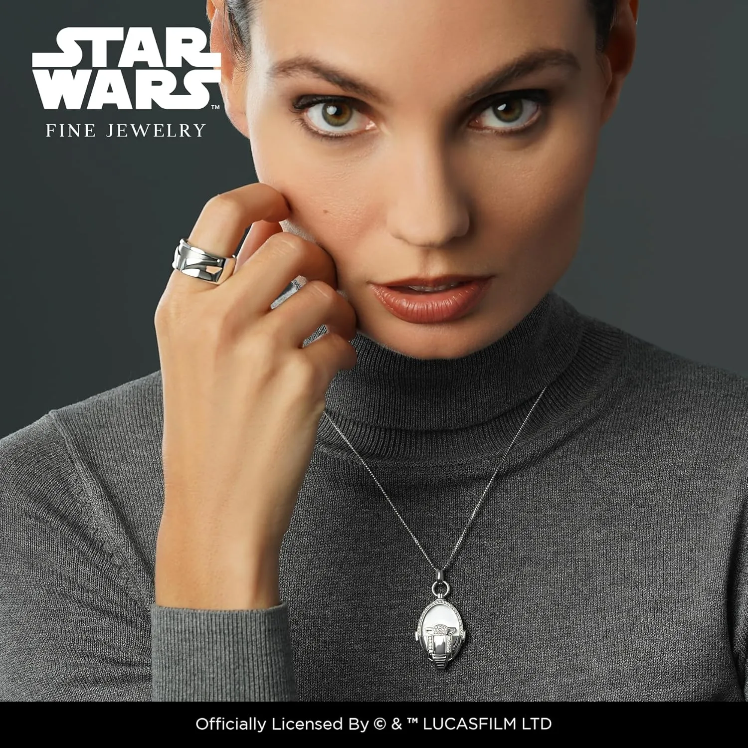 Jewelili Star Wars Fine Jewelry The Mandalorian Ring for Women | Silver & Black Rhodium Band | Star Wars Gifts for Women | Jewelry with Gift Box
