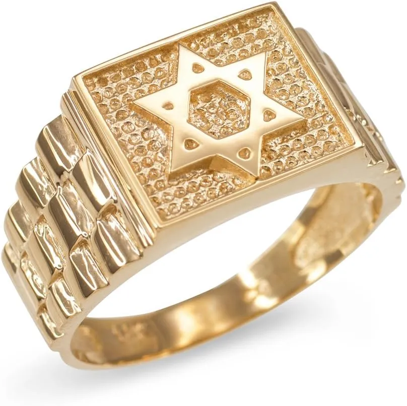 Jewish Star of David Ring for Men in Textured 10k Yellow Gold
