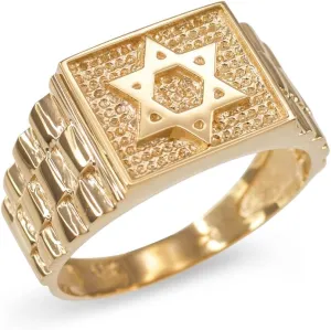 Jewish Star of David Ring for Men in Textured 10k Yellow Gold