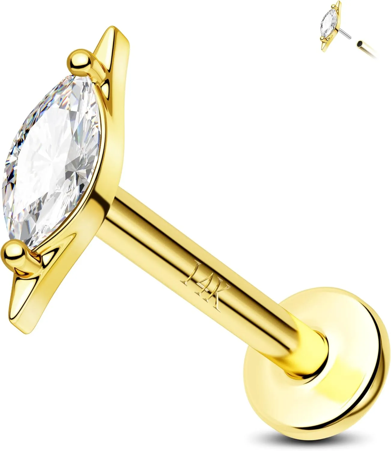 Jewseen 14K Gold Cartilage Stud Earring 16g Flat Back Helix Tragus Conch Piercing JewelryPush-in Labret Stud for Women